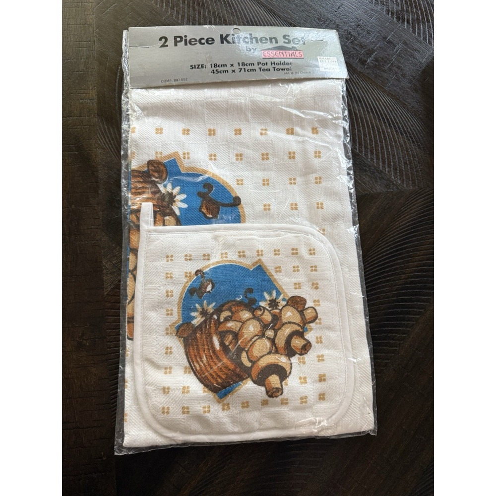 Vintage K-Mart Kitchen Tea Towel Pot Holder Set Mushrooms‎